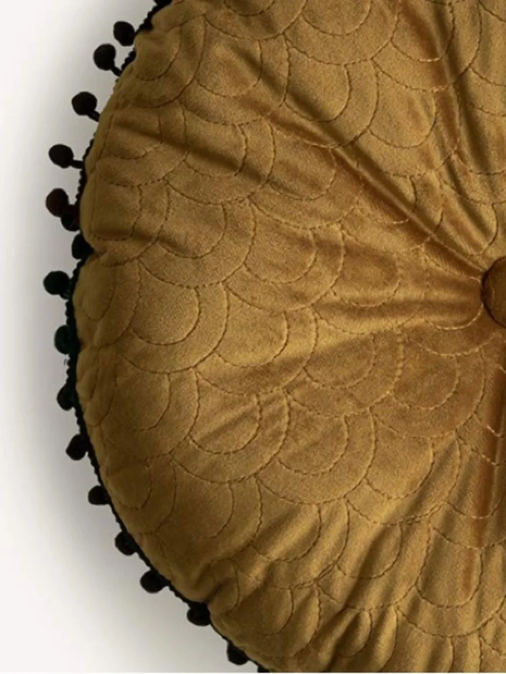 Gold Velvet Tufted Chair Cushion with Orange Pom Pom Trim